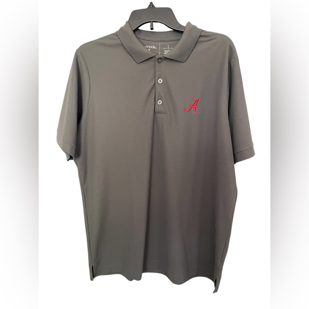 Antigua Men's Size Large Alabama polo performance gray, crimson “A”, ROLL TIDE